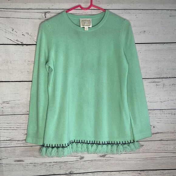 STS Sail To Sable Sweater Women’s XS Mint Green 100%Cashmere Pullover Fringe Hem - Picture 1 of 8